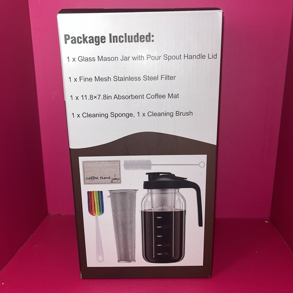 Cold Brew Coffee Maker Glass Jar 64oz 1/2 Gal Pouring Lid-Drying‎ Mat-2 Brushes